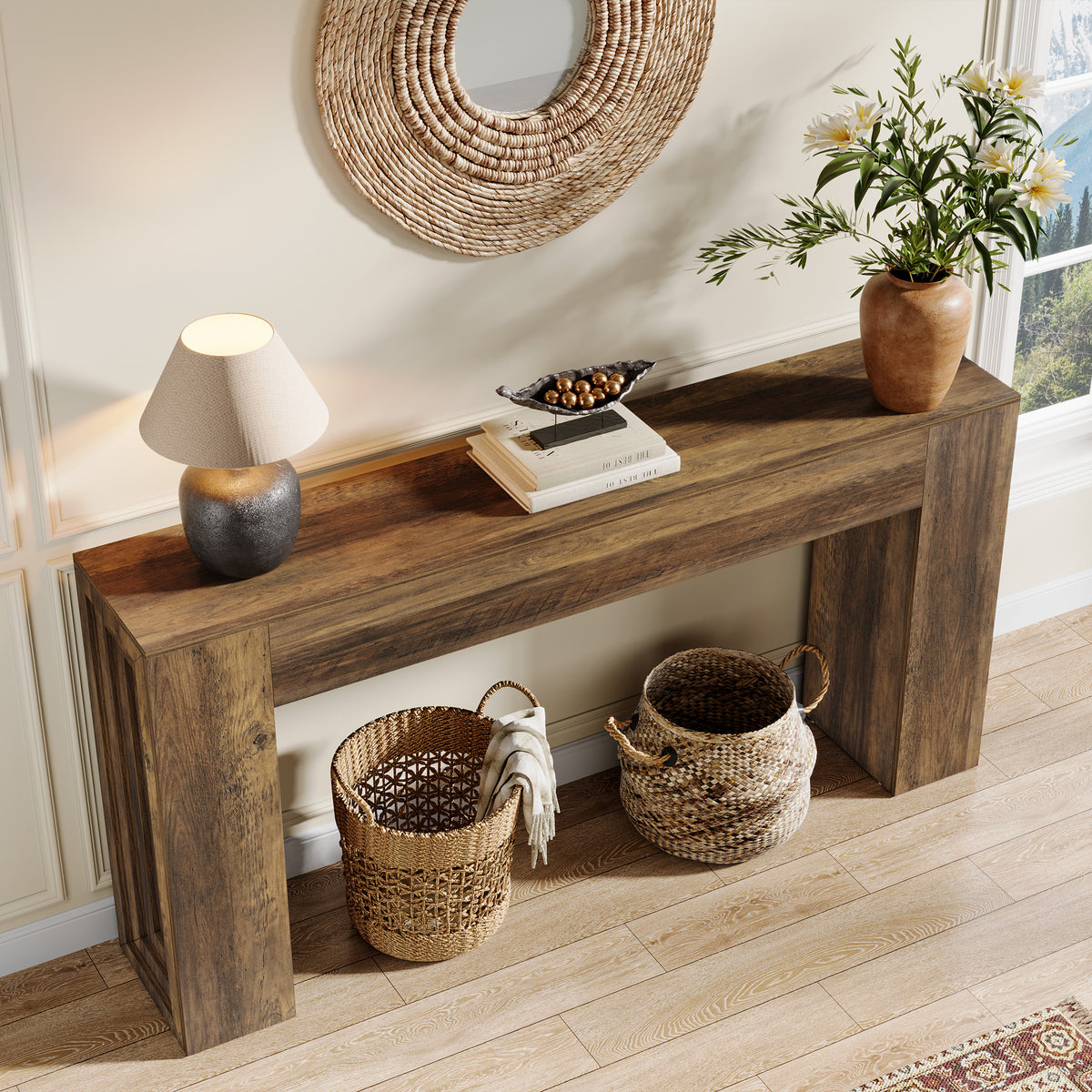 63" Farmhouse Console Table, Narrow Sofa Table with Natural Brown Finish for Entryway