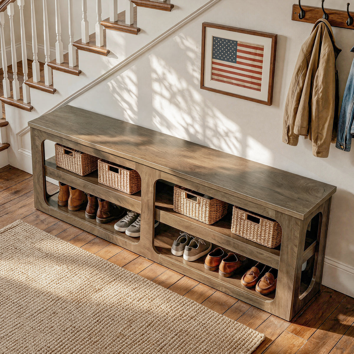 180cm Entryway Shoe Bench, 3-Tier Farmhouse Storage Bench for Hallway