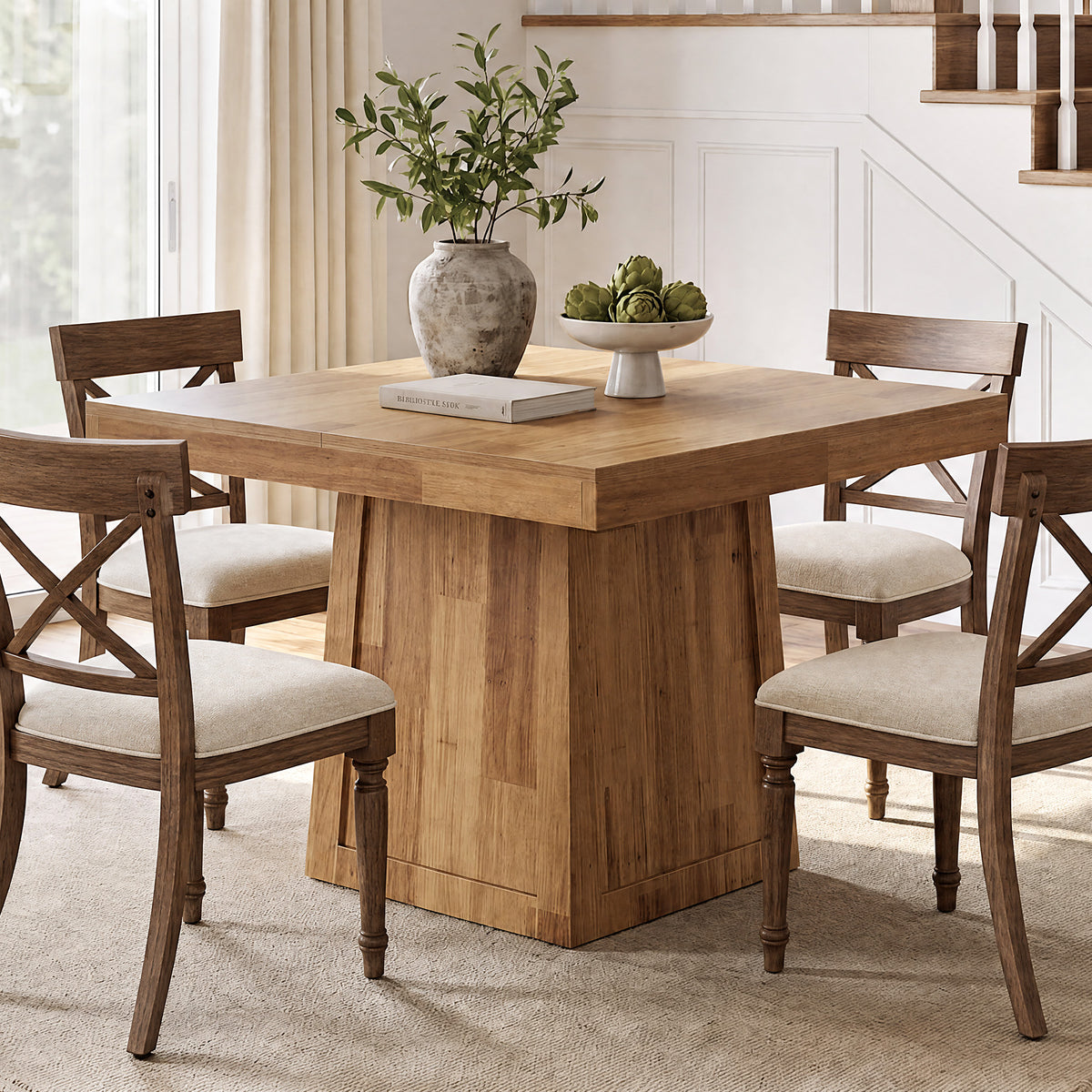 80cm Square Dining Table, Farmhouse Dinner Table with Trapezoidal Base for 2-4
