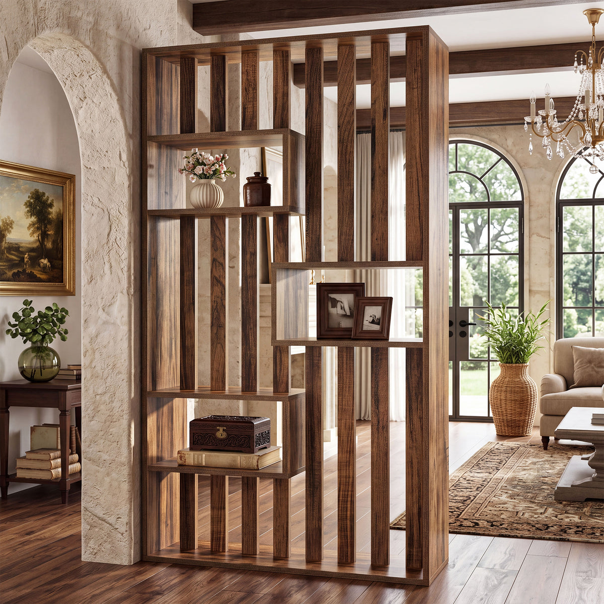 180cm Room Divider, Freestanding Slatted Partition with Built-in Shelves
