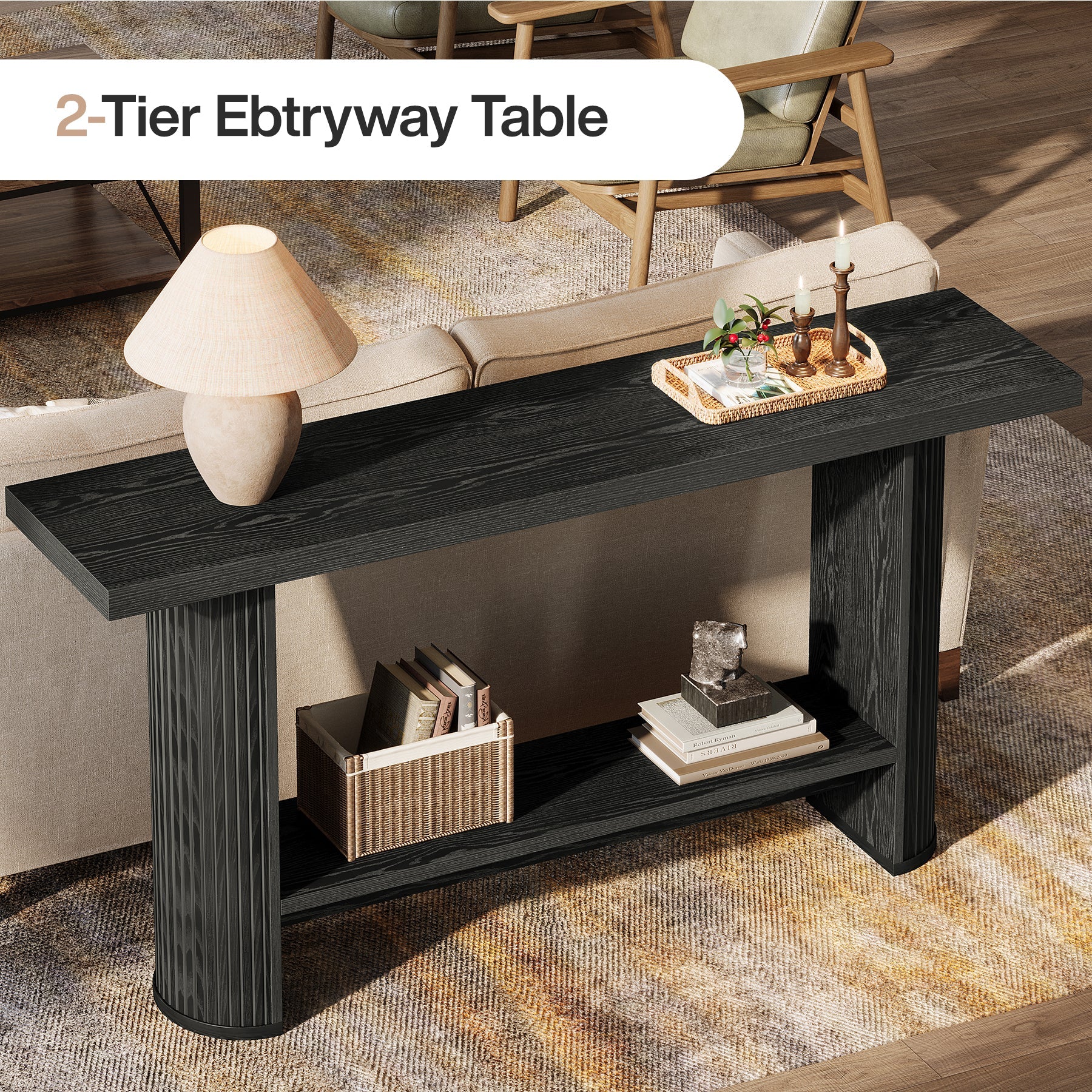 55" Narrow Console Table with Storage Shelf, Rustic Entryway Sofa Table
