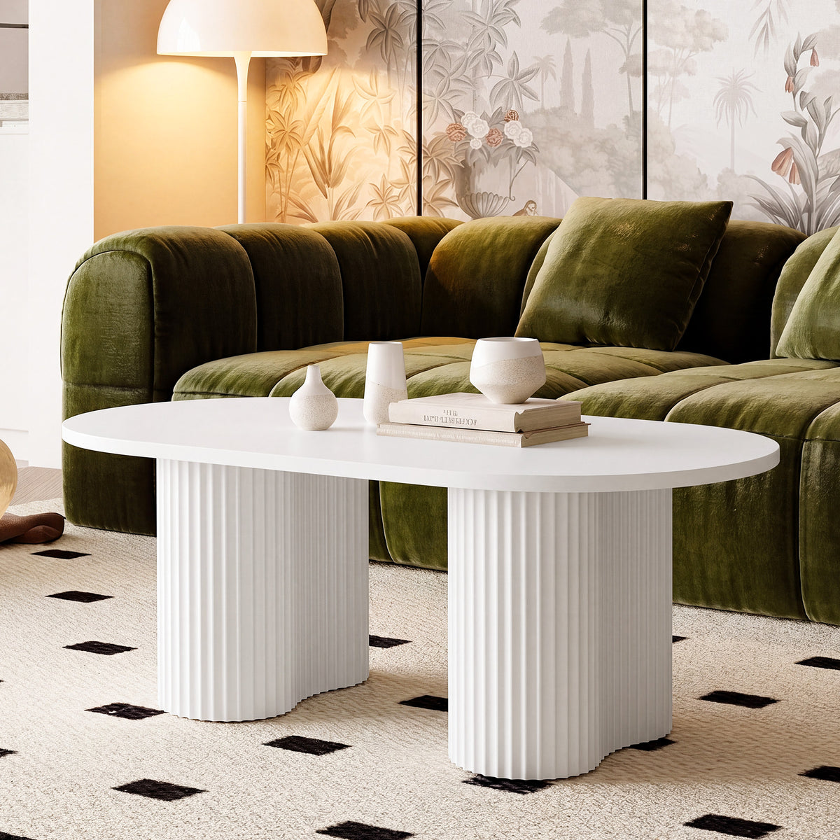 120cm Oval Coffee Table, Modern White Fluted Centre Table for Living Room & Office