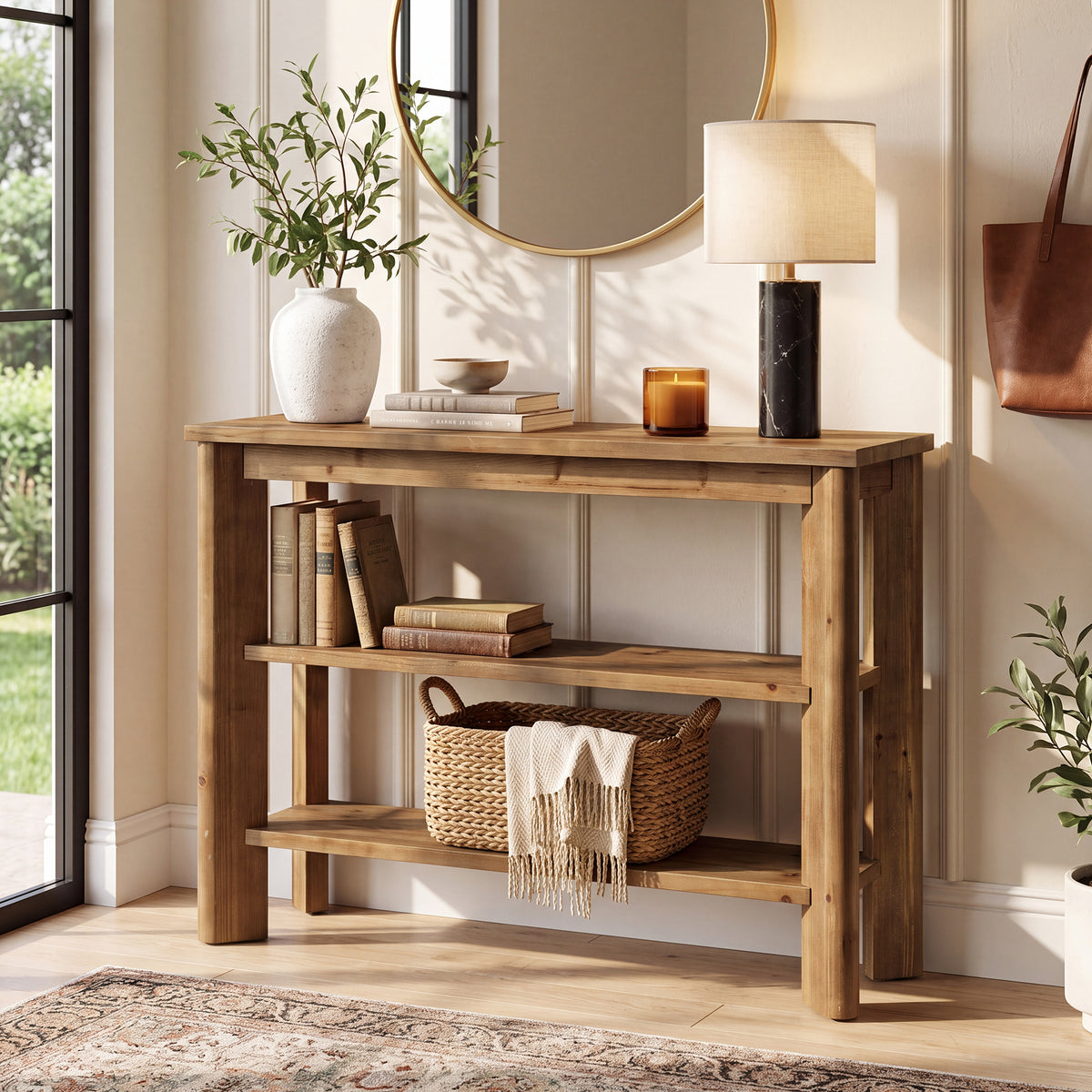 104cm Console Table, 3-Tier Solid Wood Entryway Sofa Table