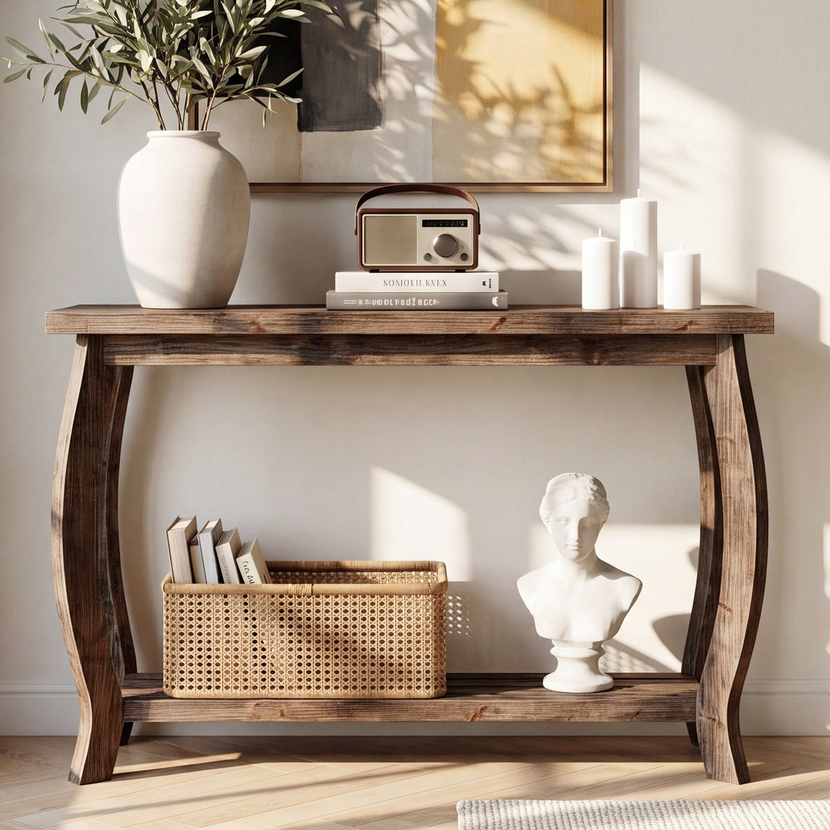 105cm Console Table, Solid Wood Farmhouse Entryway Table with Curved Legs & Shelf