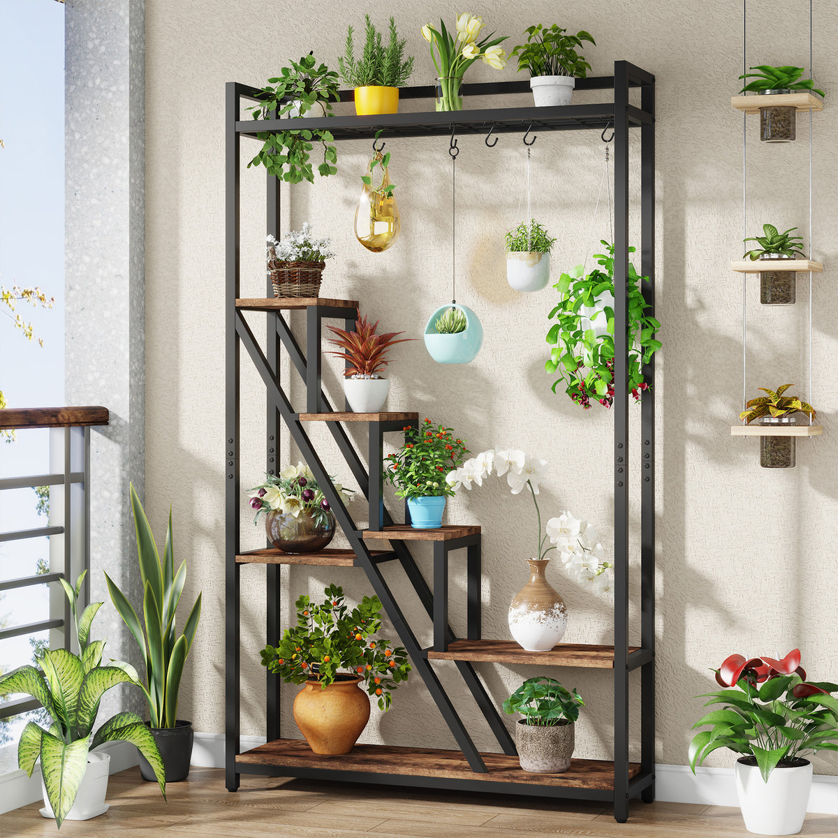 180cm Tall 7-Tier Plant Stand, Tall Flower Plant Shelf with 5 S-Hooks