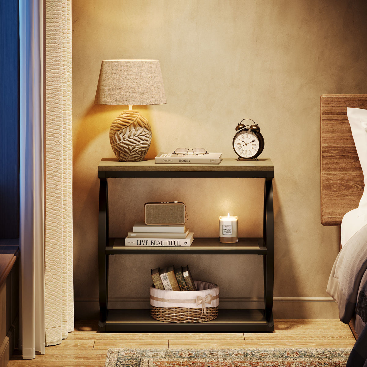 3-Tier End Table, Narrow Side Table Nightstand with Metal Frame