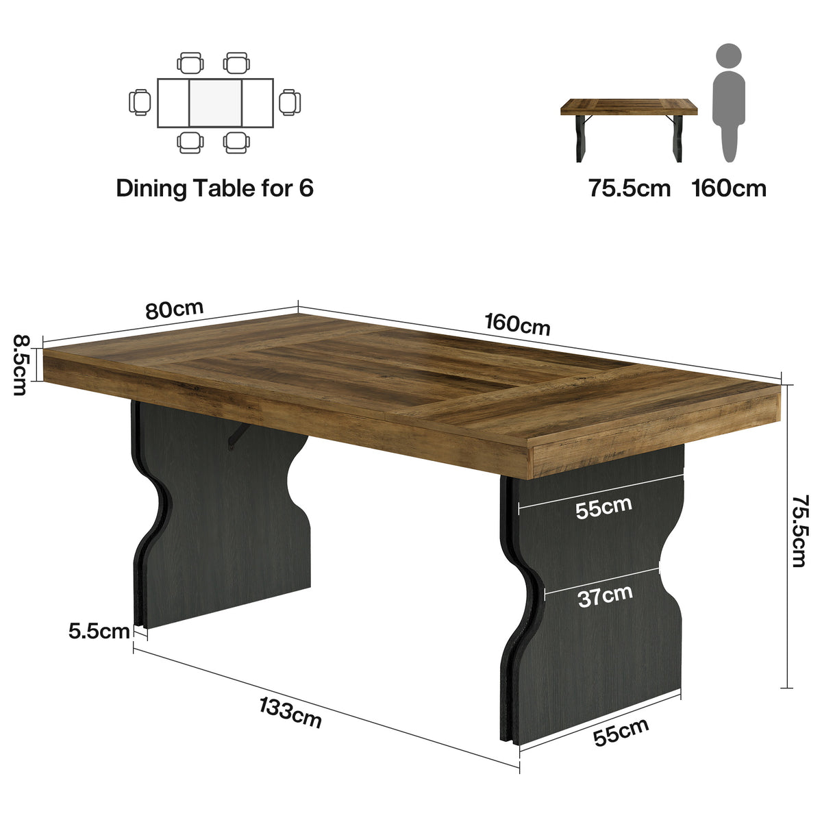 160cm Dining Table, Country Kitchen Table with Hourglass Legs for 4-6