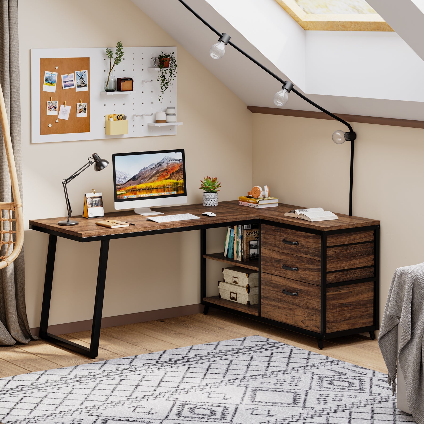 53" Reversible L-Shaped Computer Desk with 3 Drawers and Shelves