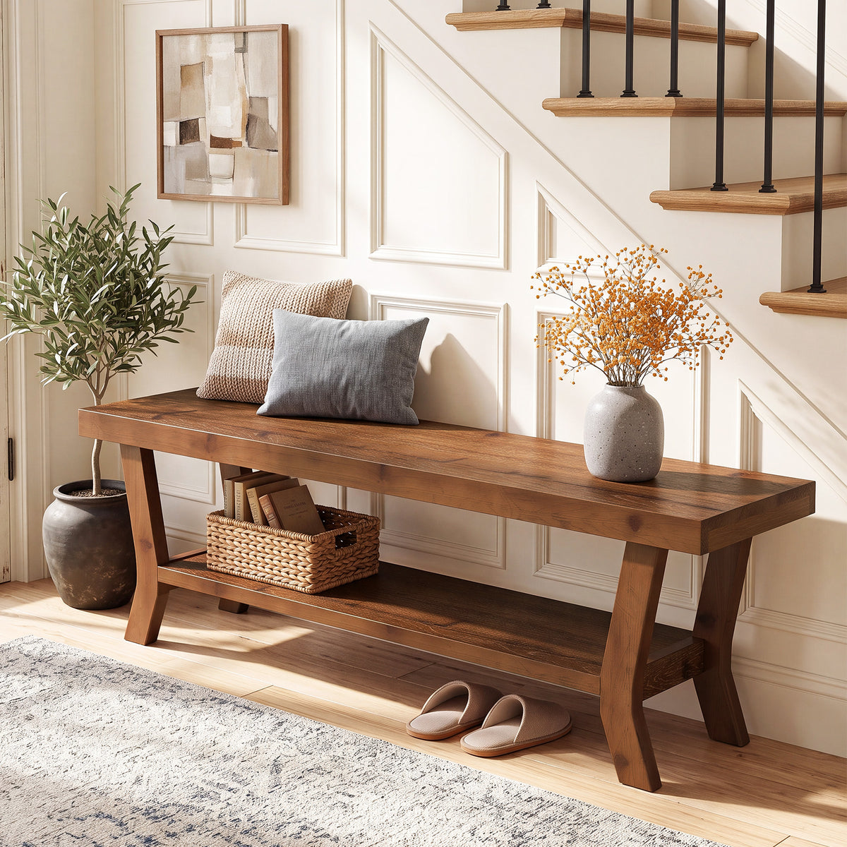 140cm Shoe Bench, Wooden Entryway Bench with Open Storage & X-Frame Legs