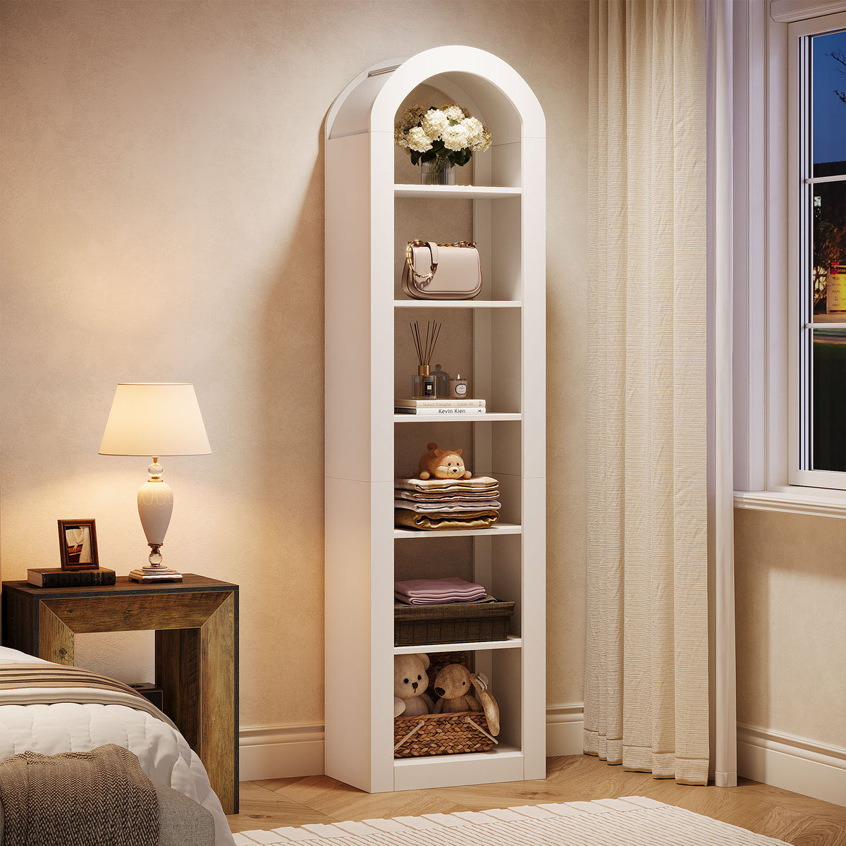 190cm Arched Bookshelf, 6-Tier Narrow White Storage Rack