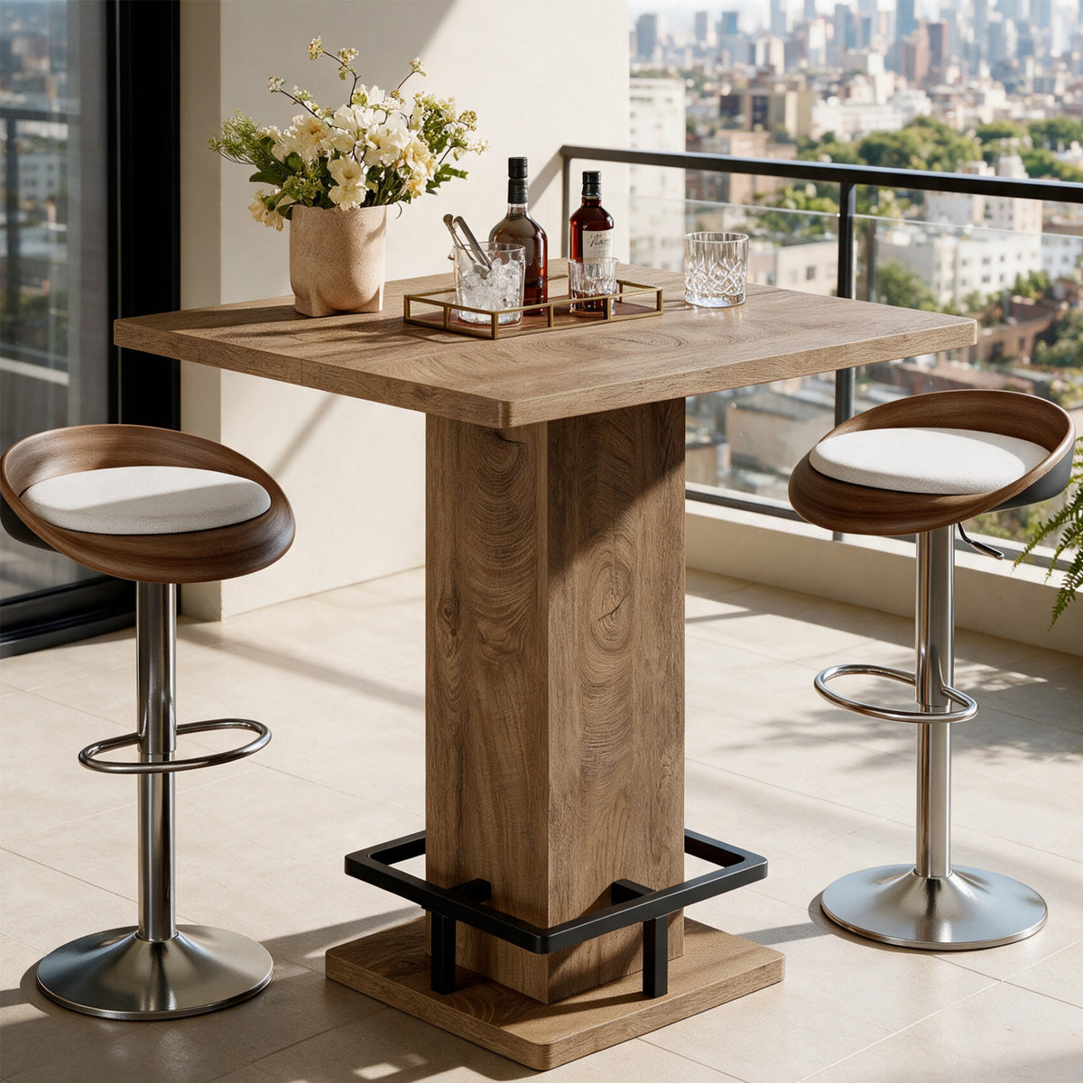 80cm Square Bar Table, Pedestal Base with Built-In Footrest for Home Bar