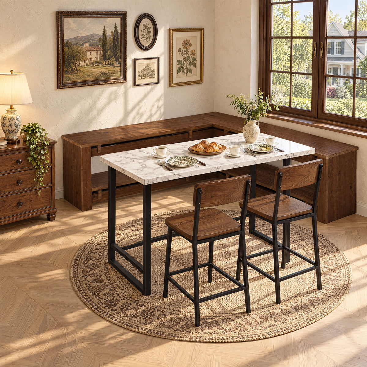 120cm L-Shaped Corner Dining Bench, Rustic Solid Wood with Storage Shelf for Breakfast Nook