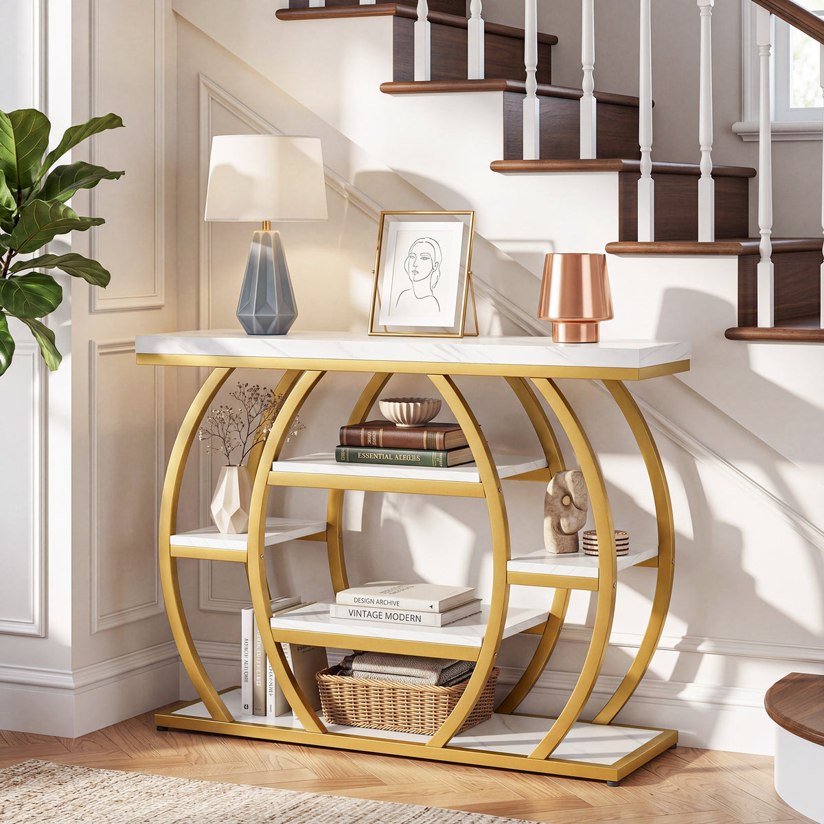 105cm Console Table, Narrow 5-Tier Entryway Table with Faux Marble Top & Arched Metal Frame