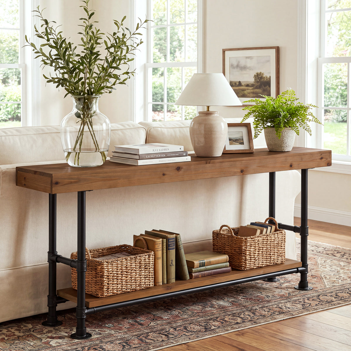 160cm Console Table, 2-Tier Solid Wood for Entryway & Hallway