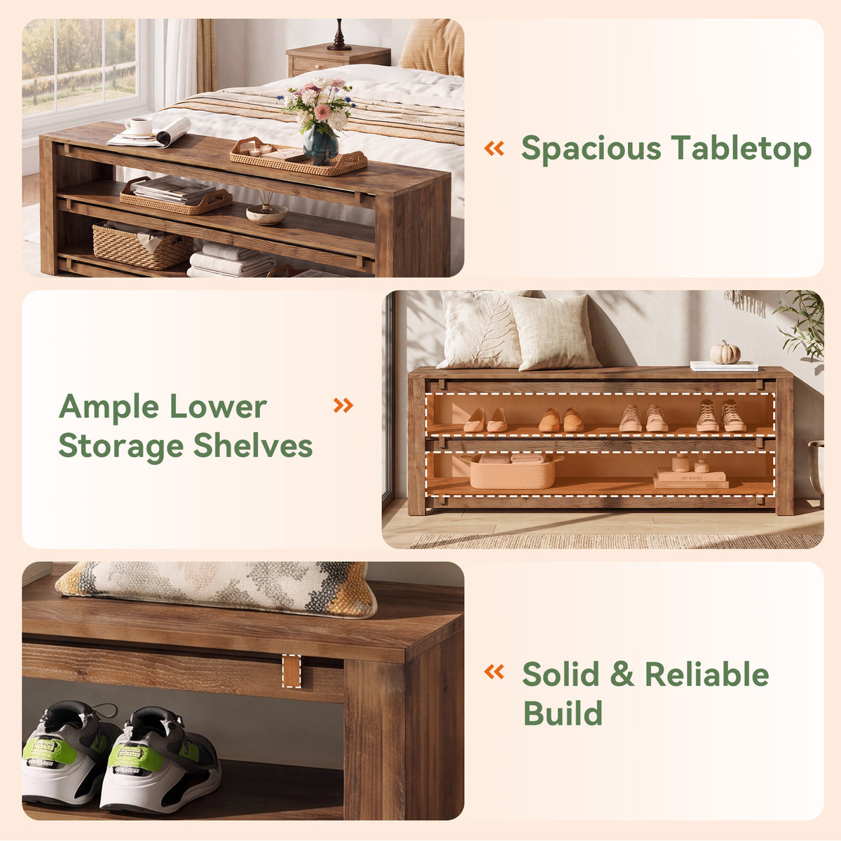 160cm Entryway Bench, 3-Tier Solid Wood Shoe Bench with Storage for Hallway Bedroom