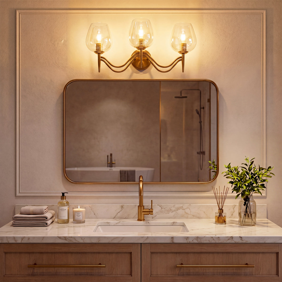 3-Light 22.8" Gold Bathroom Vanity Light, Clear Glass Wall Sconce
