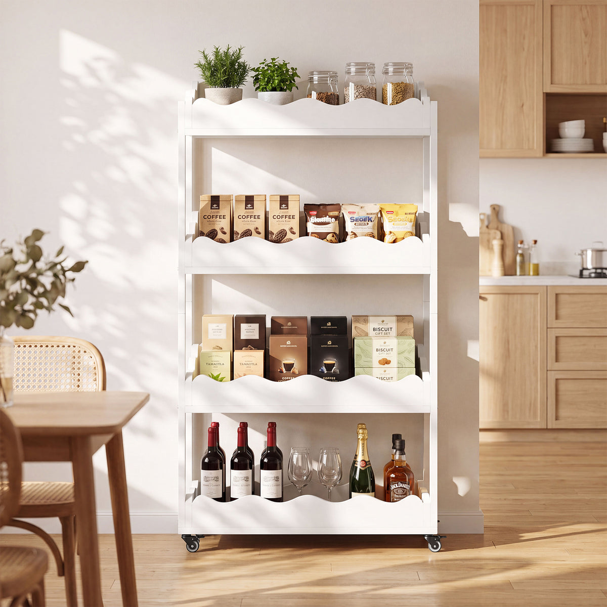 140cm 4-Tier Kitchen Trolley, Fruit & Veg Storage Rack with Wheels for Kitchen
