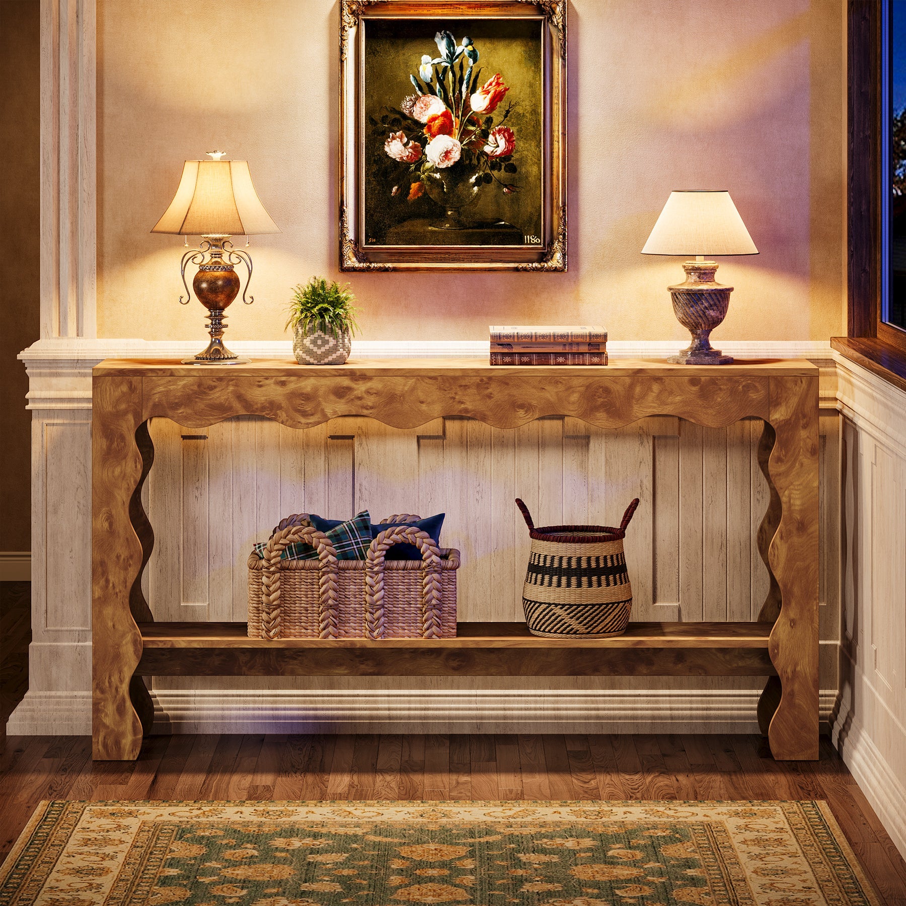 63" Console Table, 2-Tier Narrow Sofa Table with Storage and Scalloped Curves