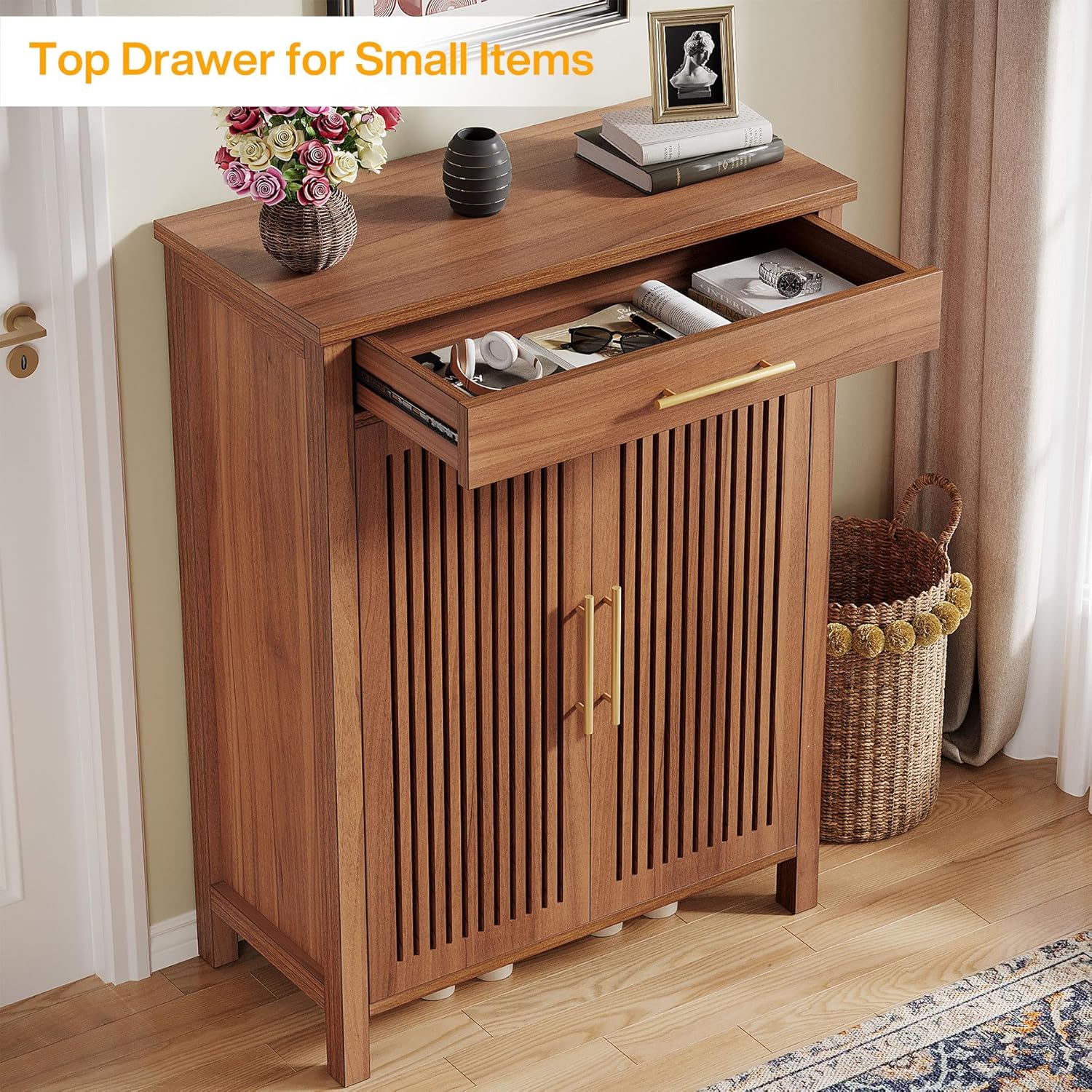 55" 5-Tier Shoe Cabinet, Louvered Door Storage Organizer with Drawer Shelves