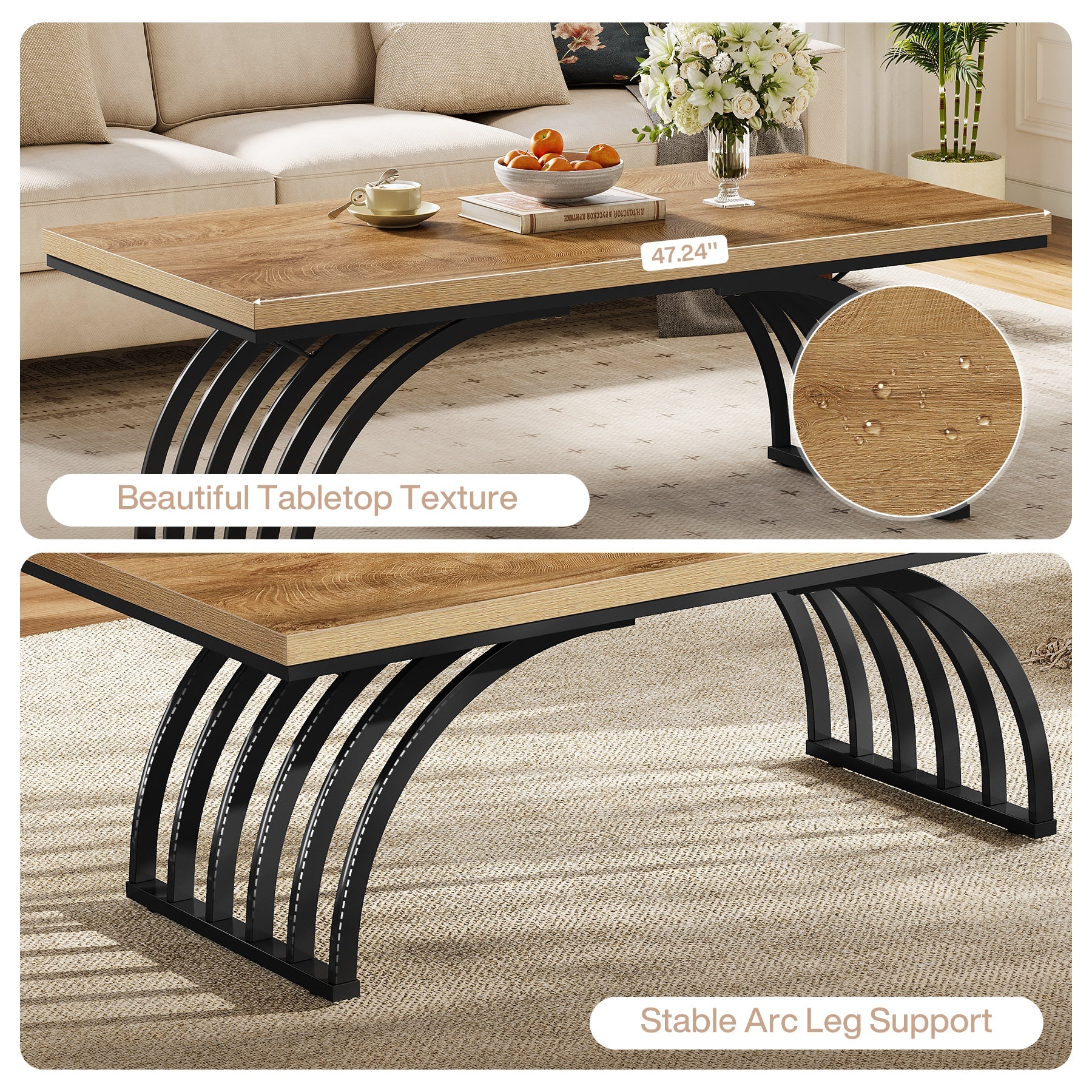 47" Coffee Table, Rectangular Center Tea Table with Metal Frame Legs