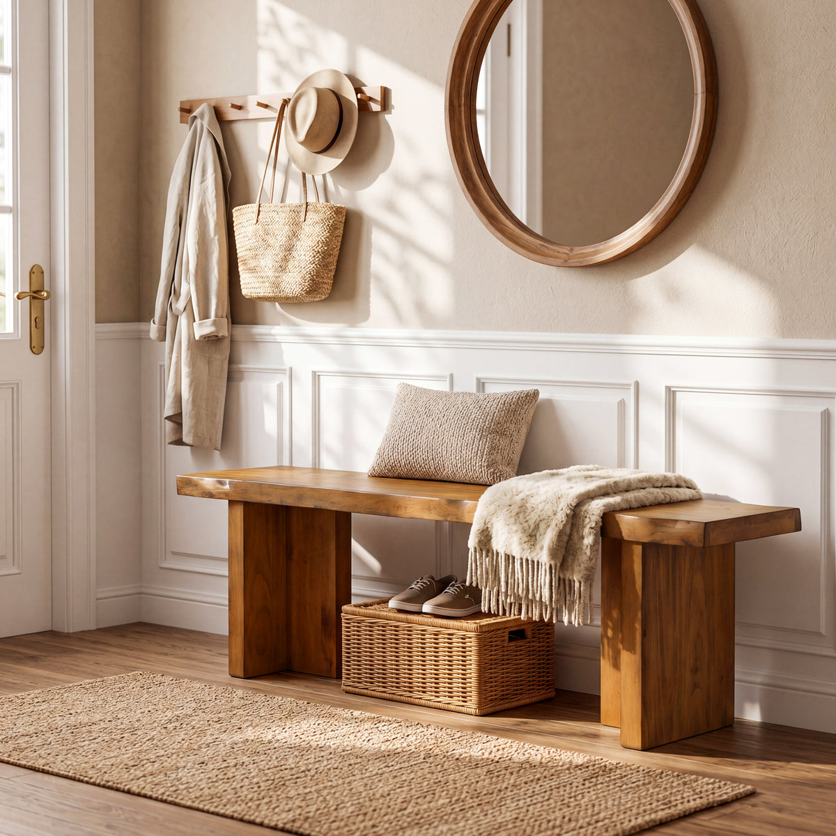 140cm Entryway Bench, Solid Wood Shoe Bench for Hallway & Living Room