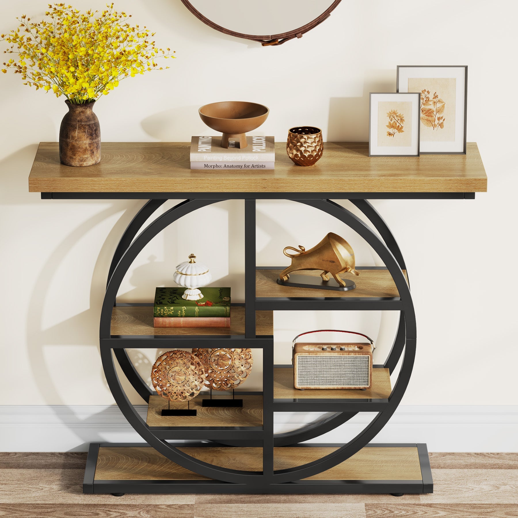 41" Industrial Console Table, Narrow 6-Tier Sofa Entryway Table with Circle Base