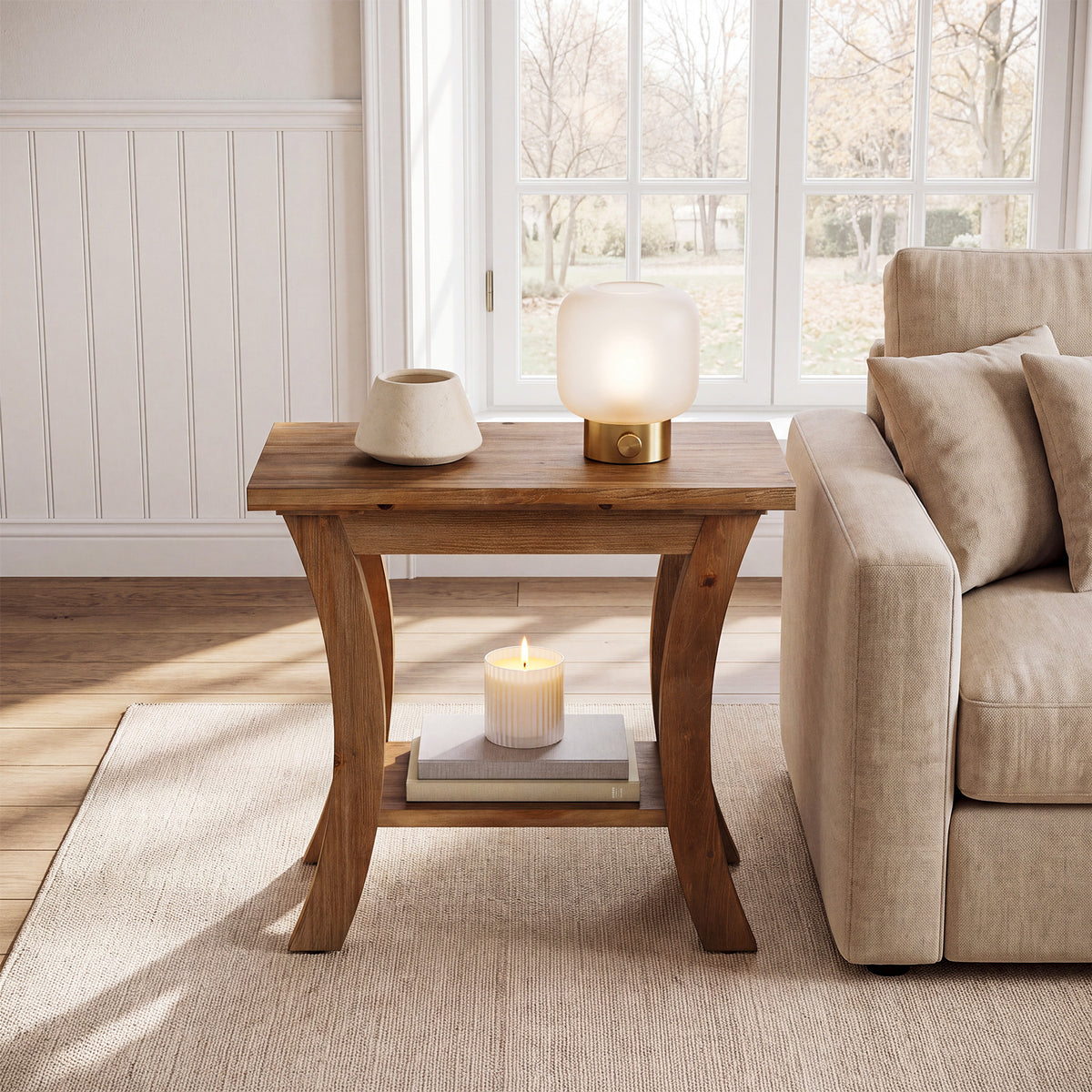 60cm Side Table, Solid Wood Farmhouse End Table with Lower Shelf