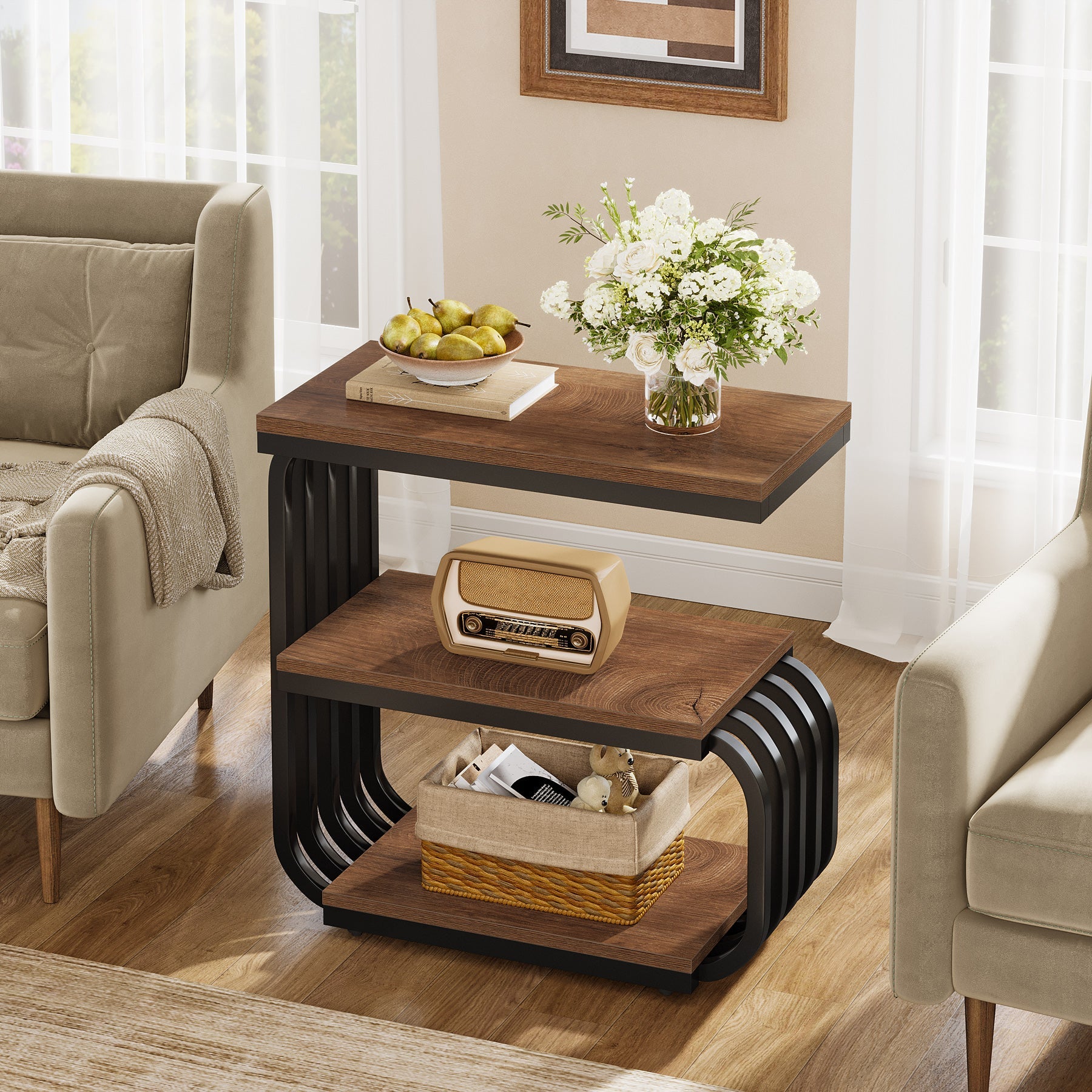 3-Tier Narrow End Table, C-Shaped Side Table for Living Room