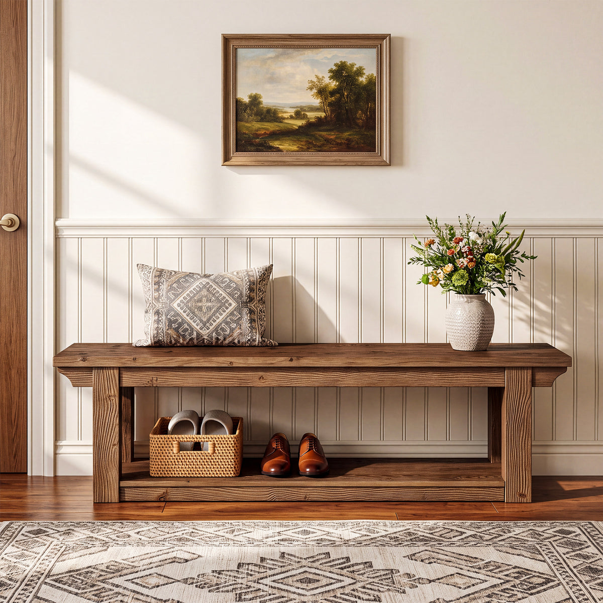 160cm Entryway Shoe Bench, Farmhouse Solid Wood 2-Tier Storage for Hallway Bedroom