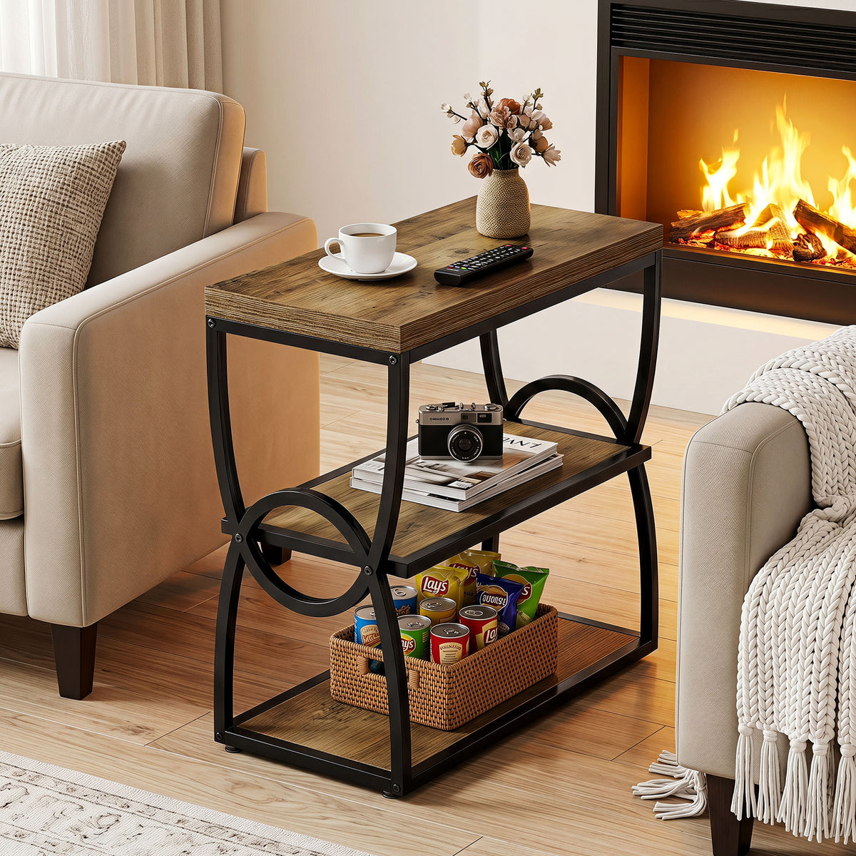 60cm Narrow Side Table, 3-Tier Slim Bedside Table for Small Spaces