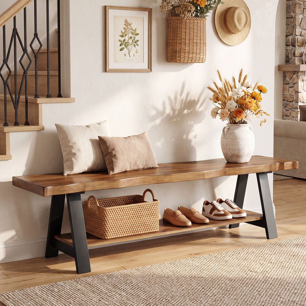 160cm Entryway Bench, Solid Wood Live Edge 2-Tier Shoe Storage Bench for Hallway Mudroom