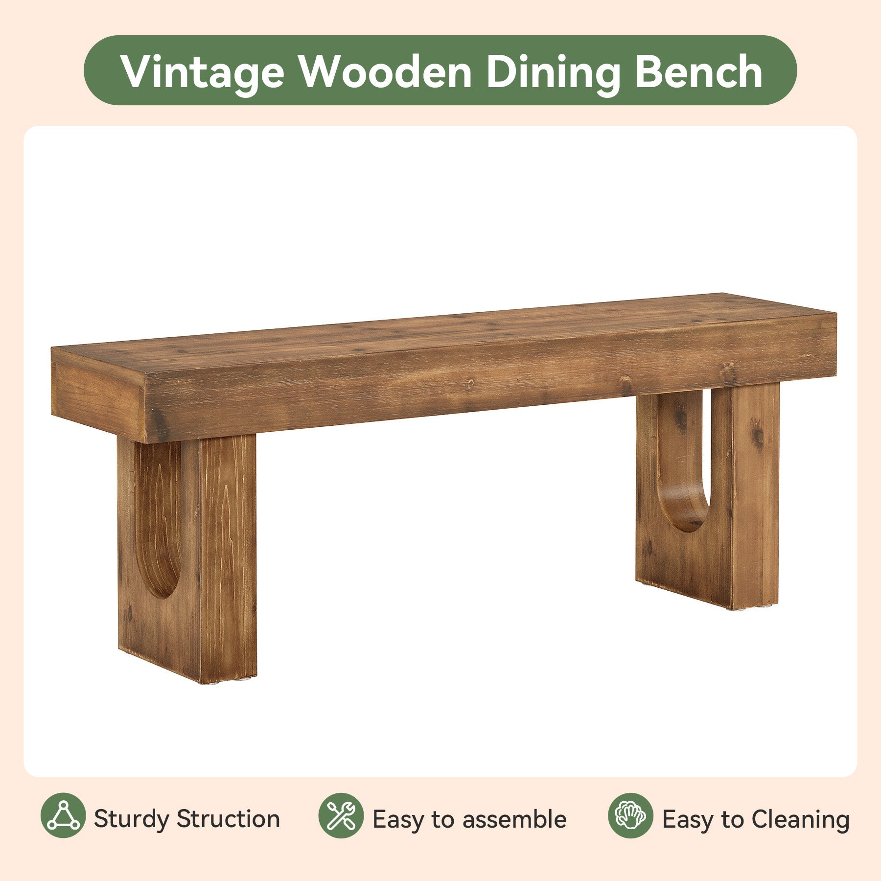 47" Wood Dining Bench, Farmhouse Kitchen Table Bench with Sturdy Legs (Only Bench)
