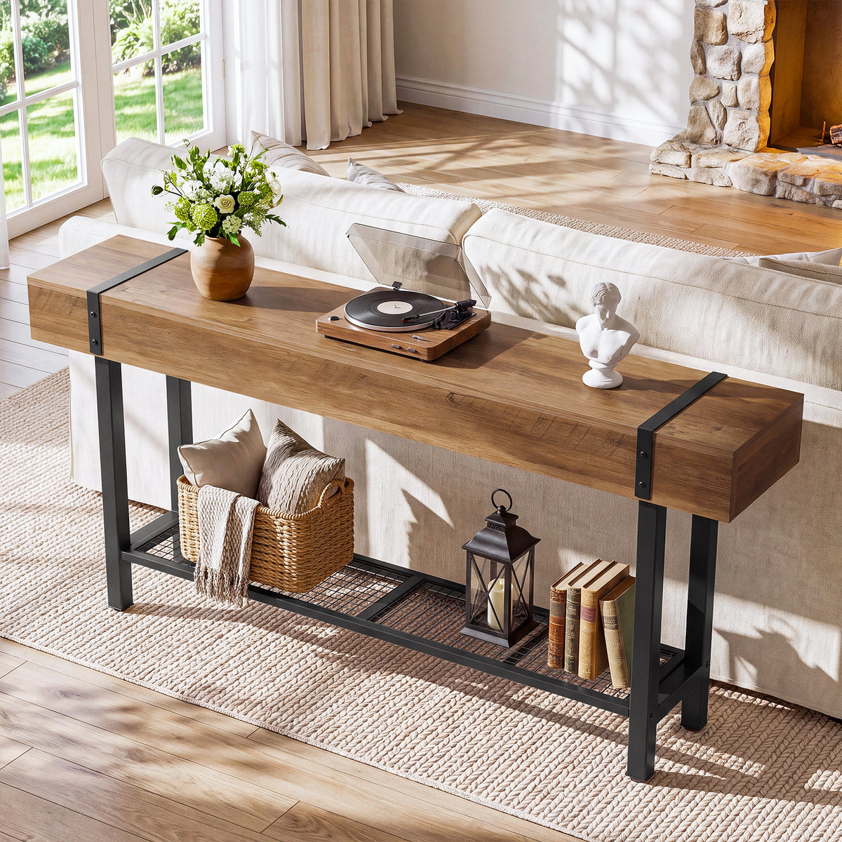 160cm Console Table, Industrial 2-Tier Behind Couch Sofa Table for Entryway Living Room