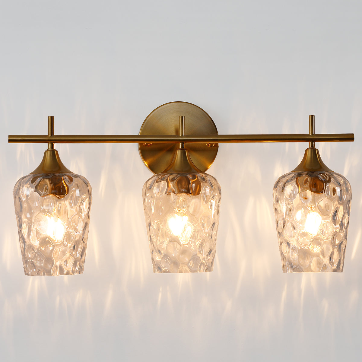 3-Light Gold Bathroom Vanity Light, Textured Glass Wall Sconce