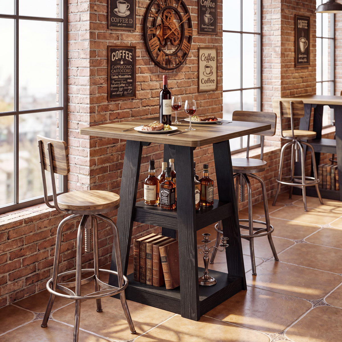 90cm Square Bar Table, Farmhouse Pub Table with 2-Tier Storage Shelves for Kitchen Dining Room