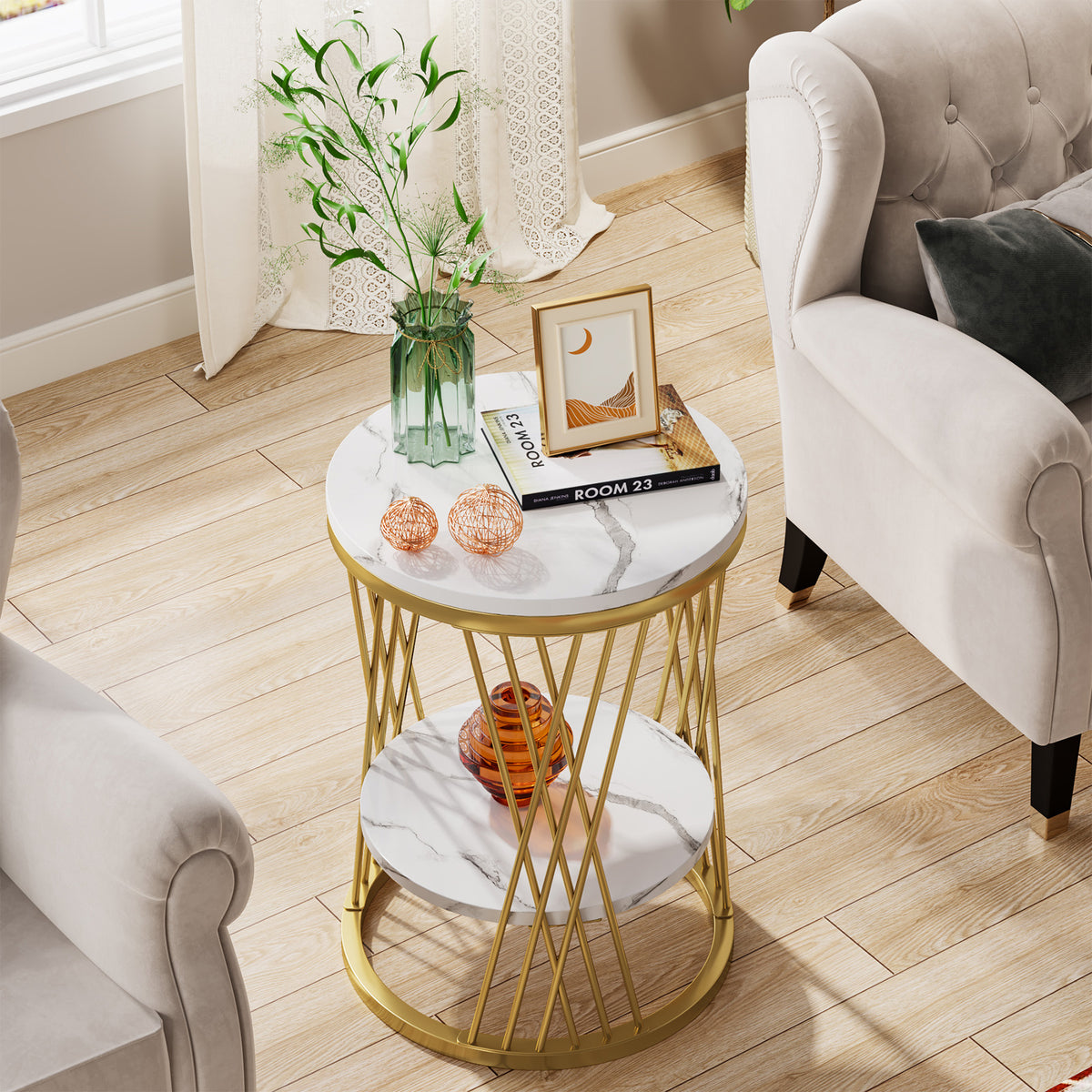 60cm Round End Table, 2-Tier Faux Marble Side Table with Gold Frame