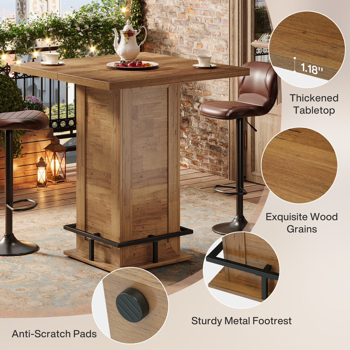 99cm Bar Table, Square Wooden Bistro Table for Home Pub