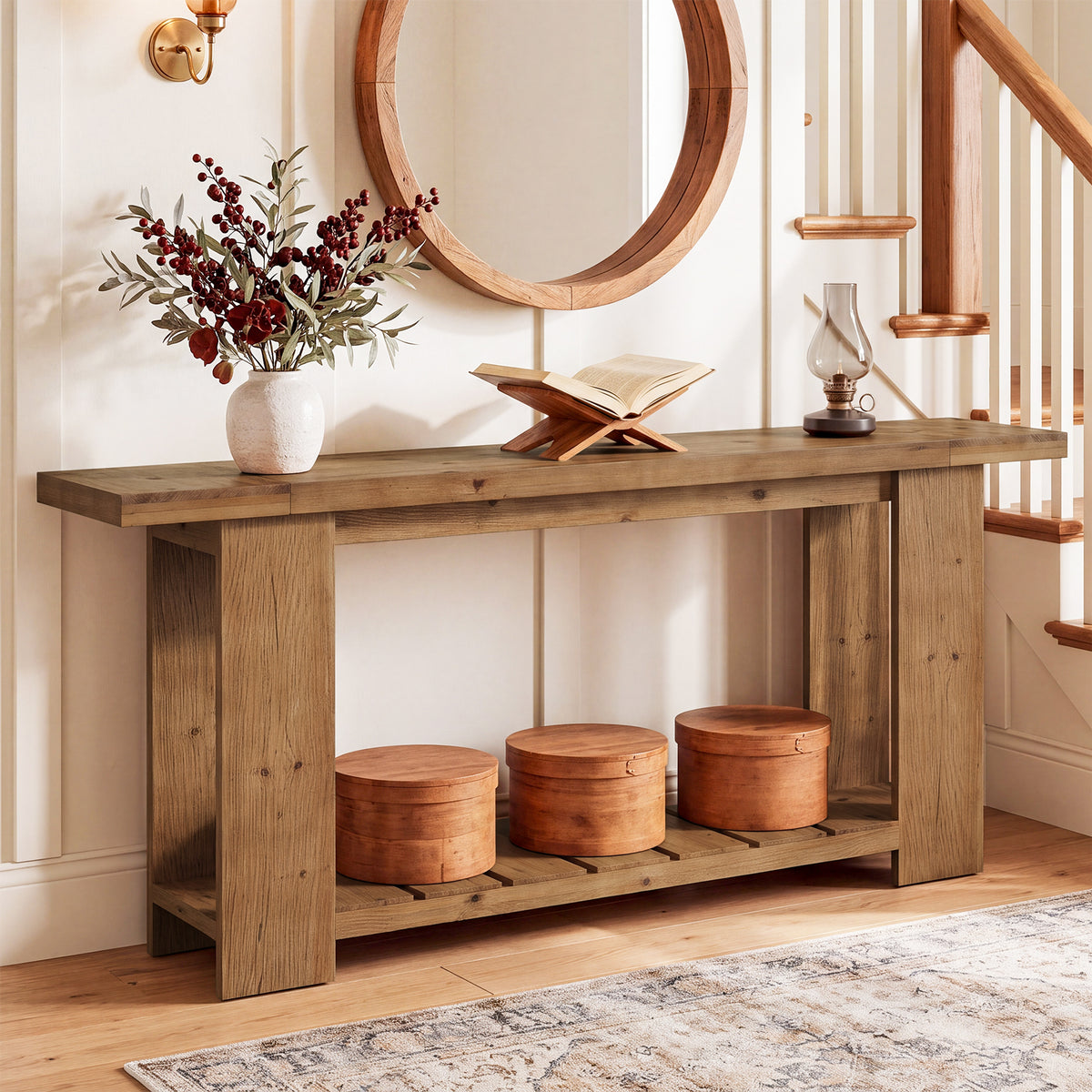 200cm Console Table, Solid Wood Farmhouse Sofa Entryway Table with 2-Tier Storage