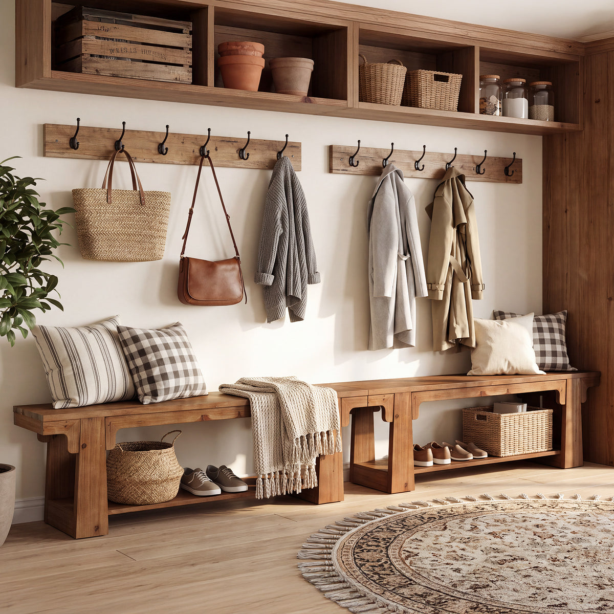 160cm Entryway Bench, Natural Solid Wood 2-Tier Open Shoe Storage for Hallway