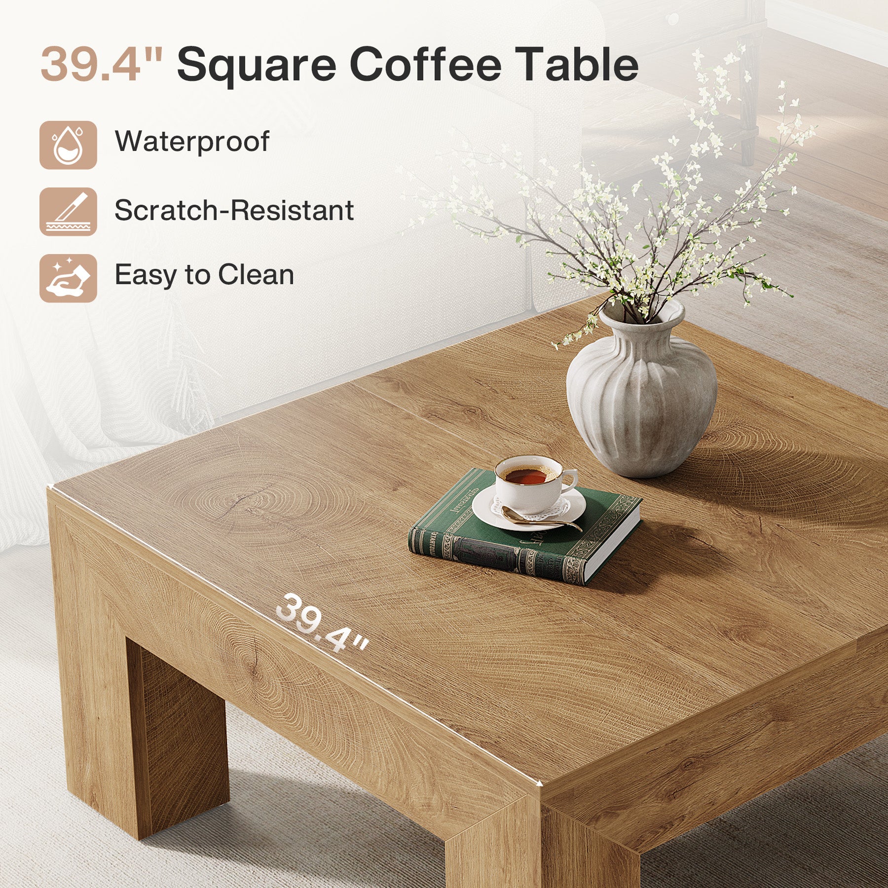 39" Square Farmhouse Coffee Table, Tea Table with Sturdy Wood Legs