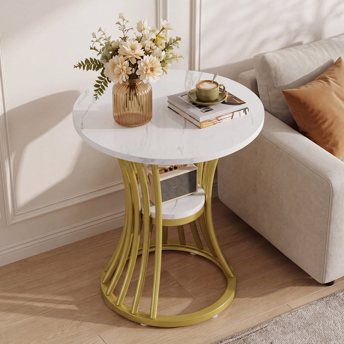 48cm Round Faux Marble End Table, 2-Tier Modern Side Table for Living Room Patio