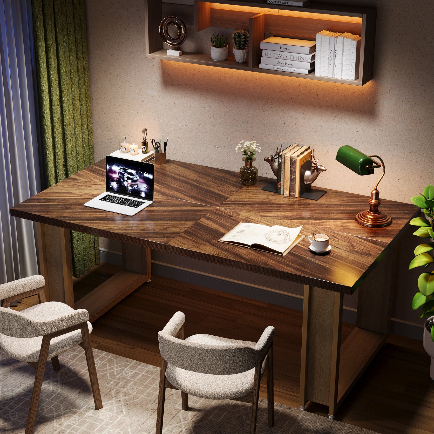 63" Office Desk, Wood Computer Desk with Metal Frame for Home Office Bedroom Study