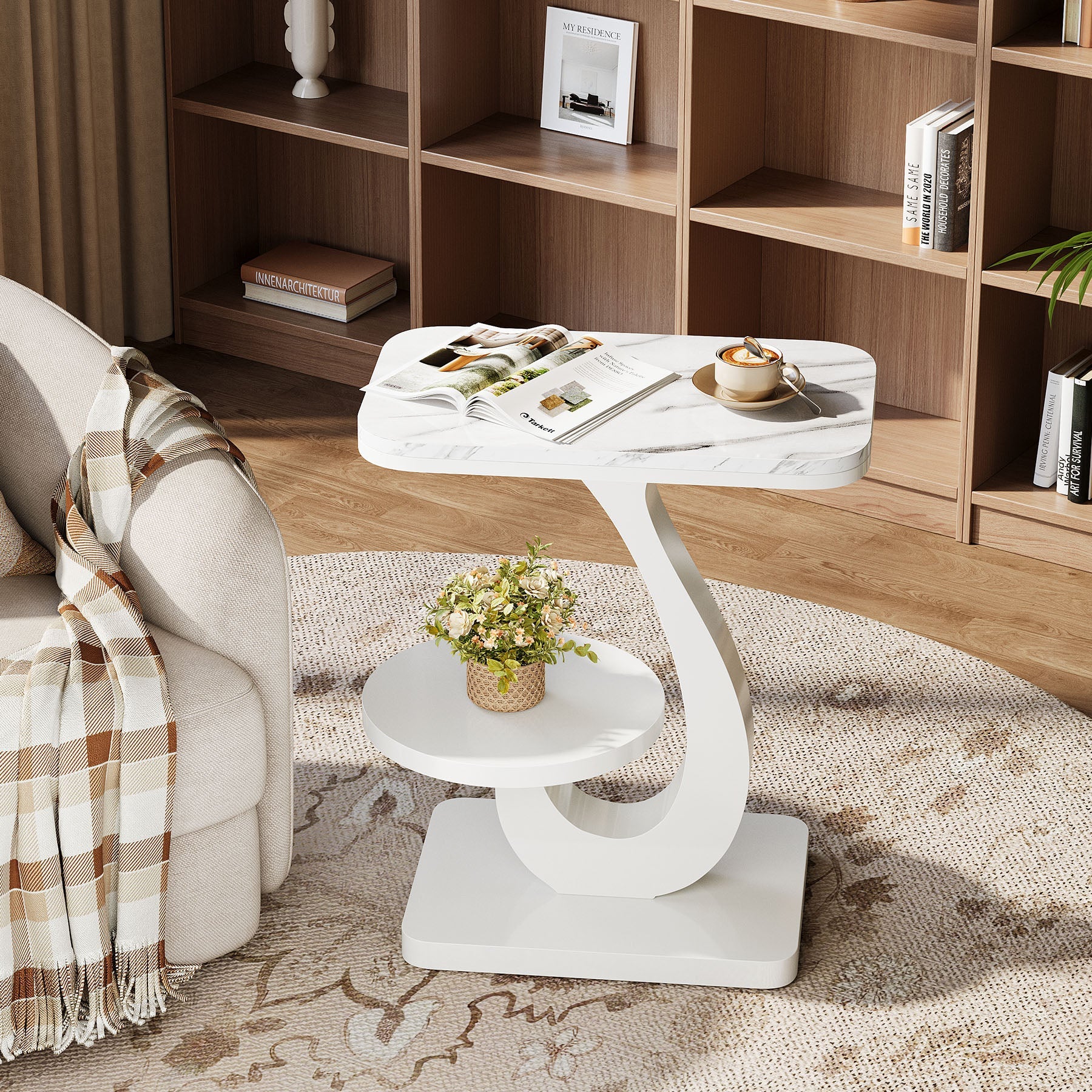23.62" C-Shaped End Table with Faux Marble Top, Modern 2-Tier Side Table for Sofa and Bed