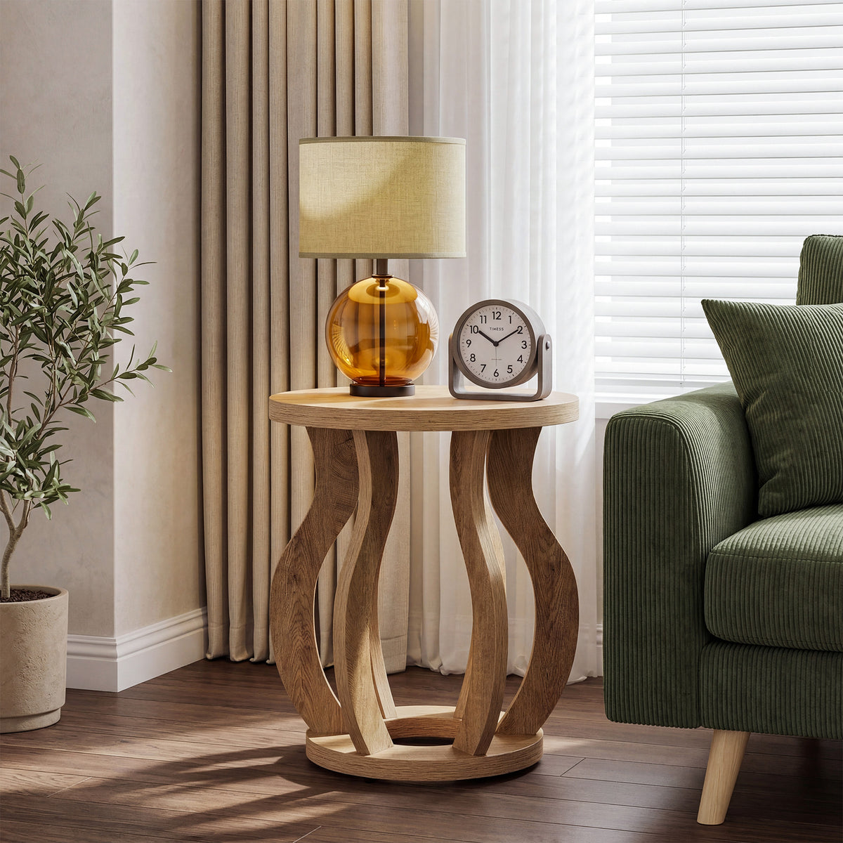 50cm Round Side Table, Curved Wooden Design for Small Spaces