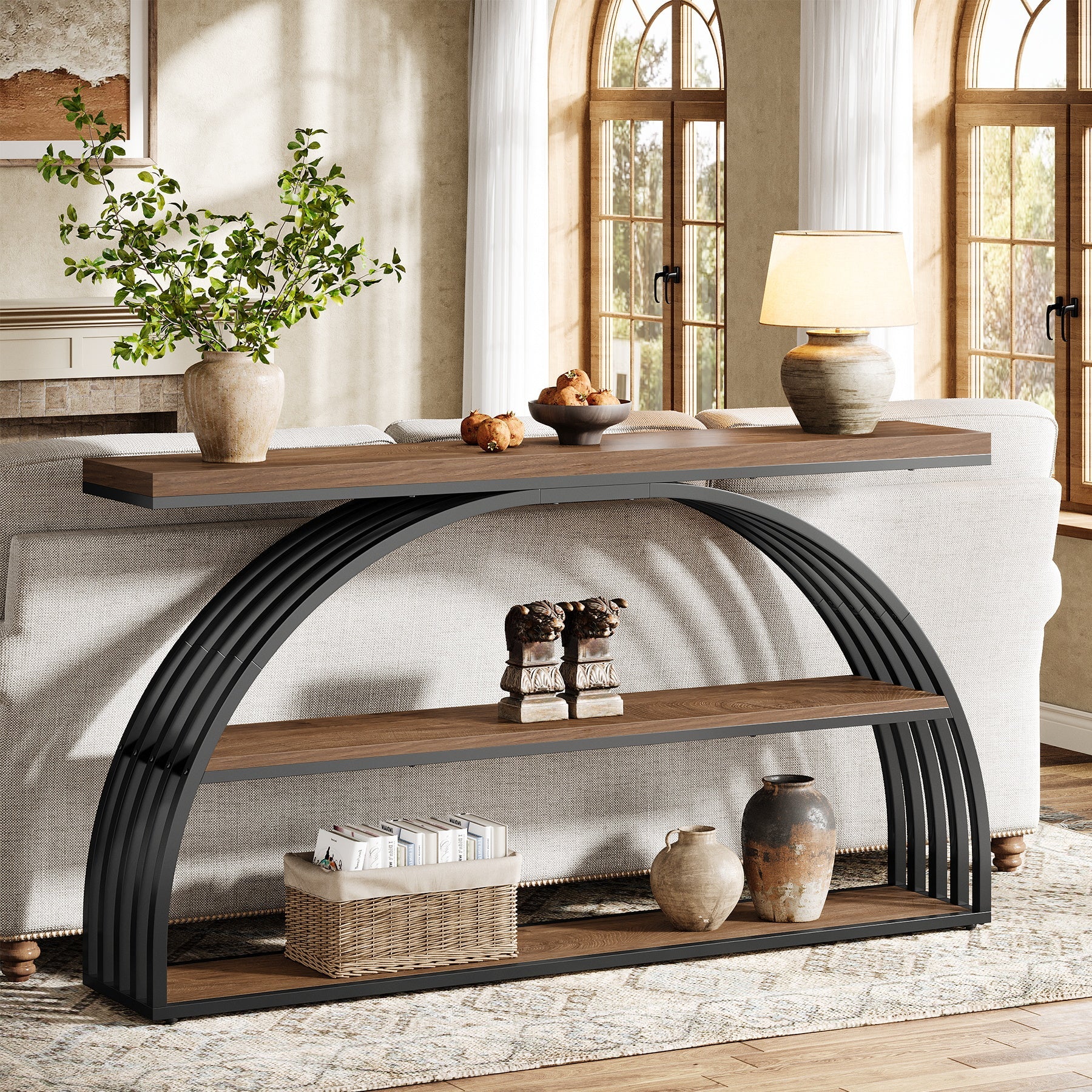 63" Console Table with 3-Tier Storage Shelves, Arched Frame Sofa Table for Living Room