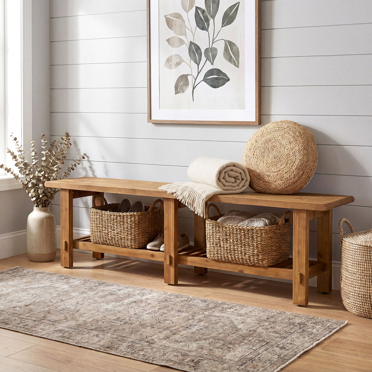 160cm Entryway Bench, Solid Wood Narrow End of Bed Bench with Shoe Storage