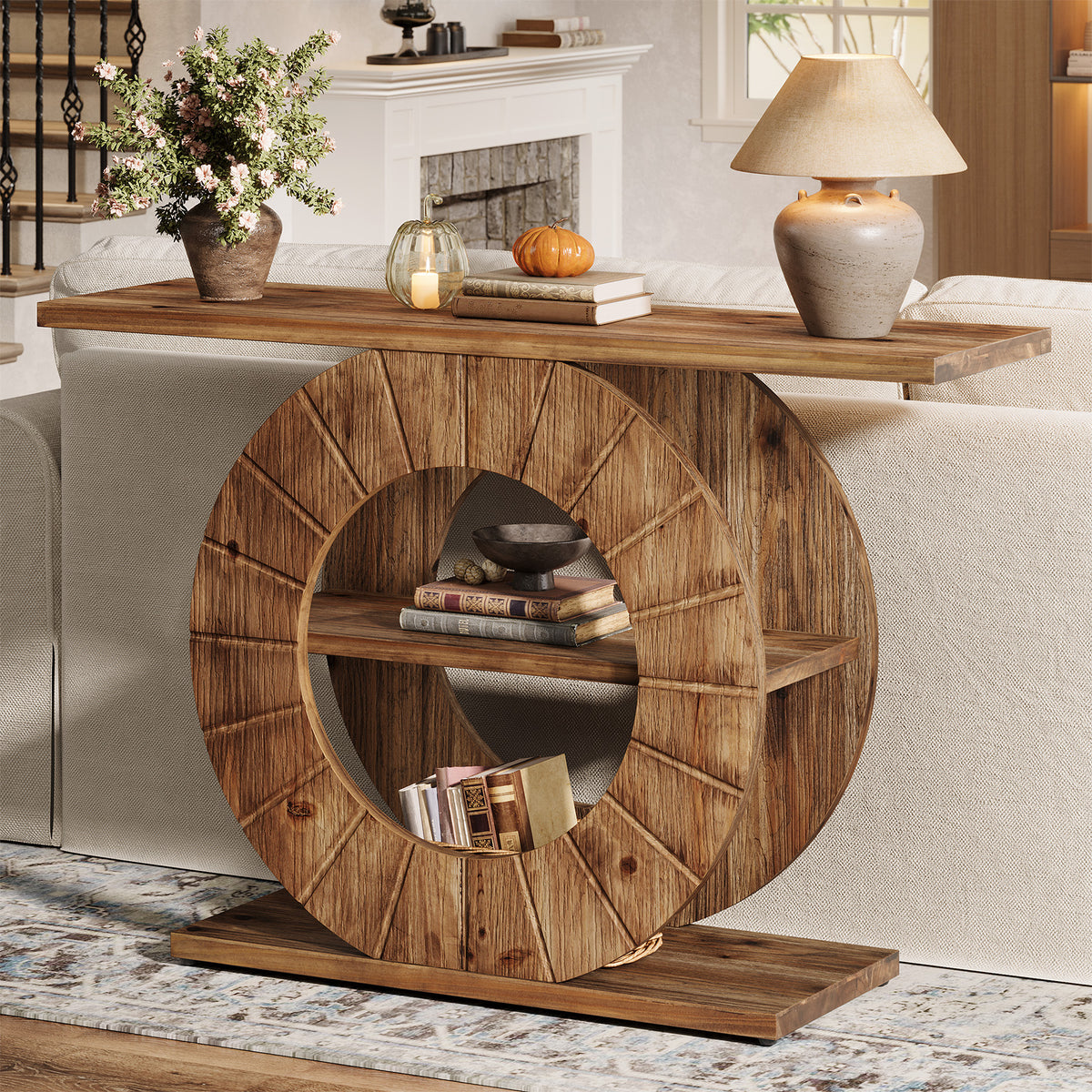 105cm Console Table, Solid Wood 3-Tier Entryway Table with Circular Base