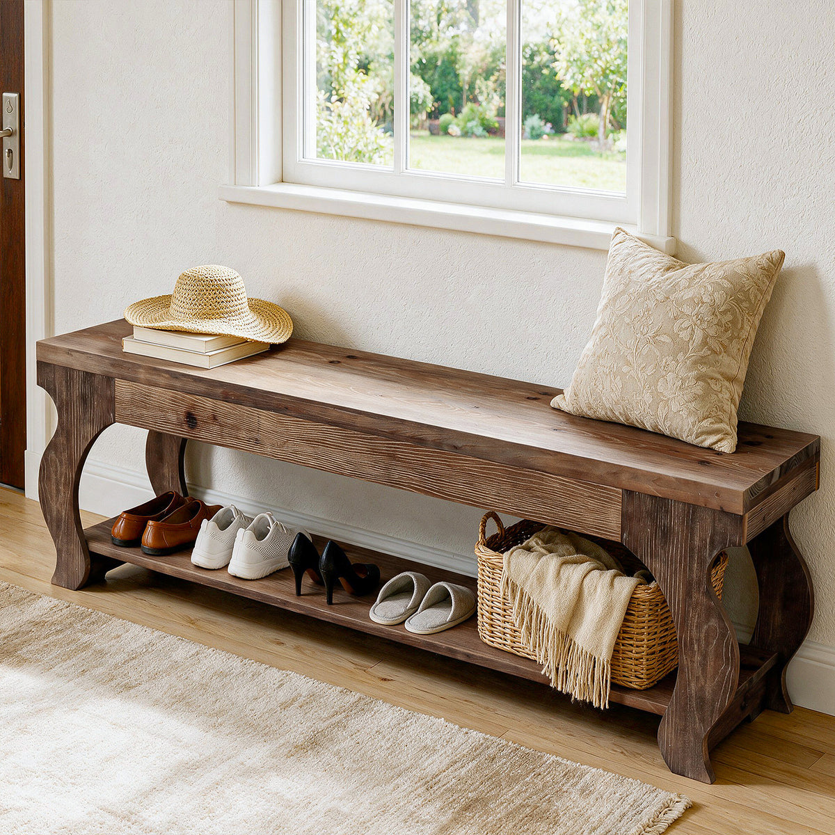 140cm Entryway Bench, Solid Wood 2-Tier Farmhouse Storage Shelf