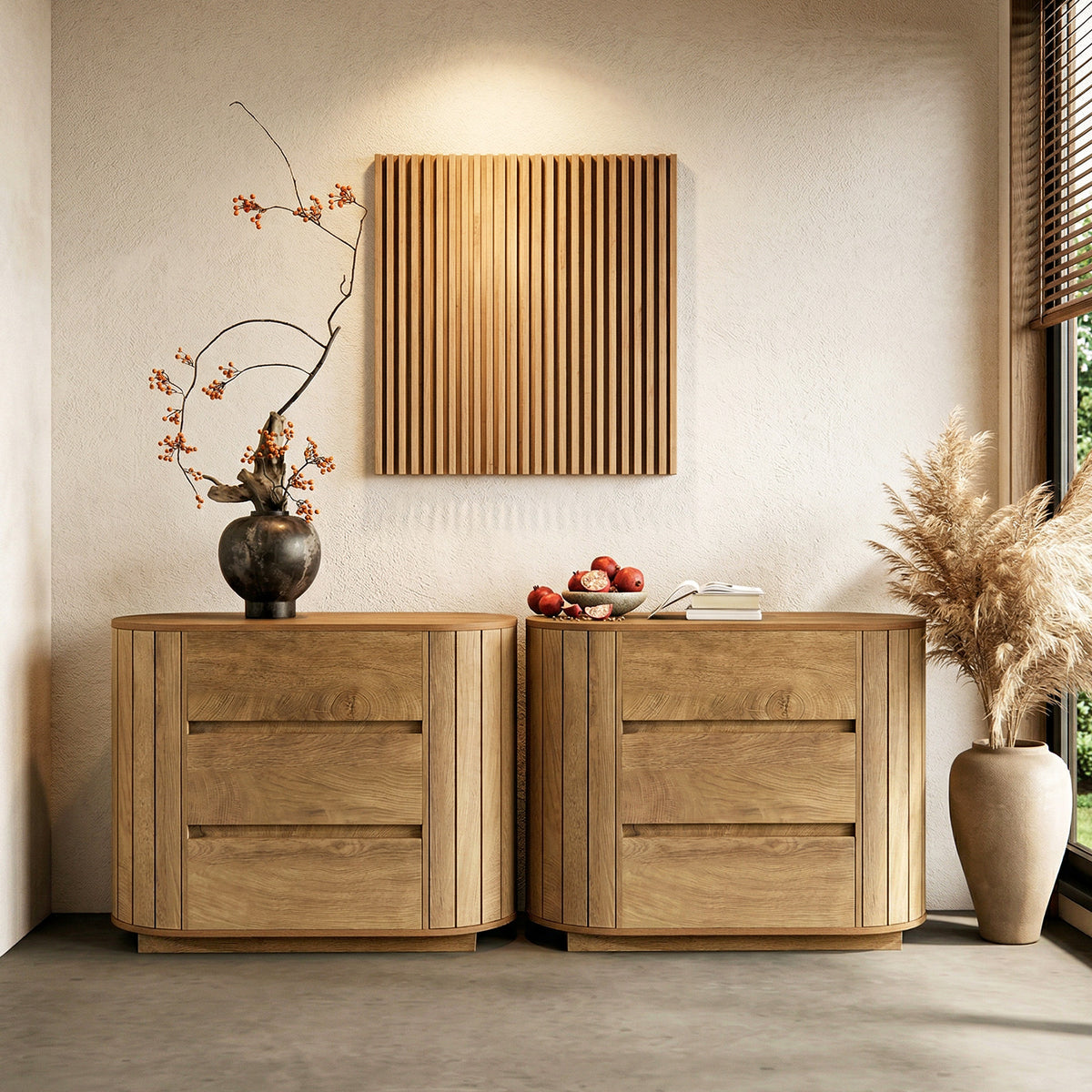 90cm Chest of Drawers, Modern Oak Effect 3-Drawer Cabinet with Slatted Sides