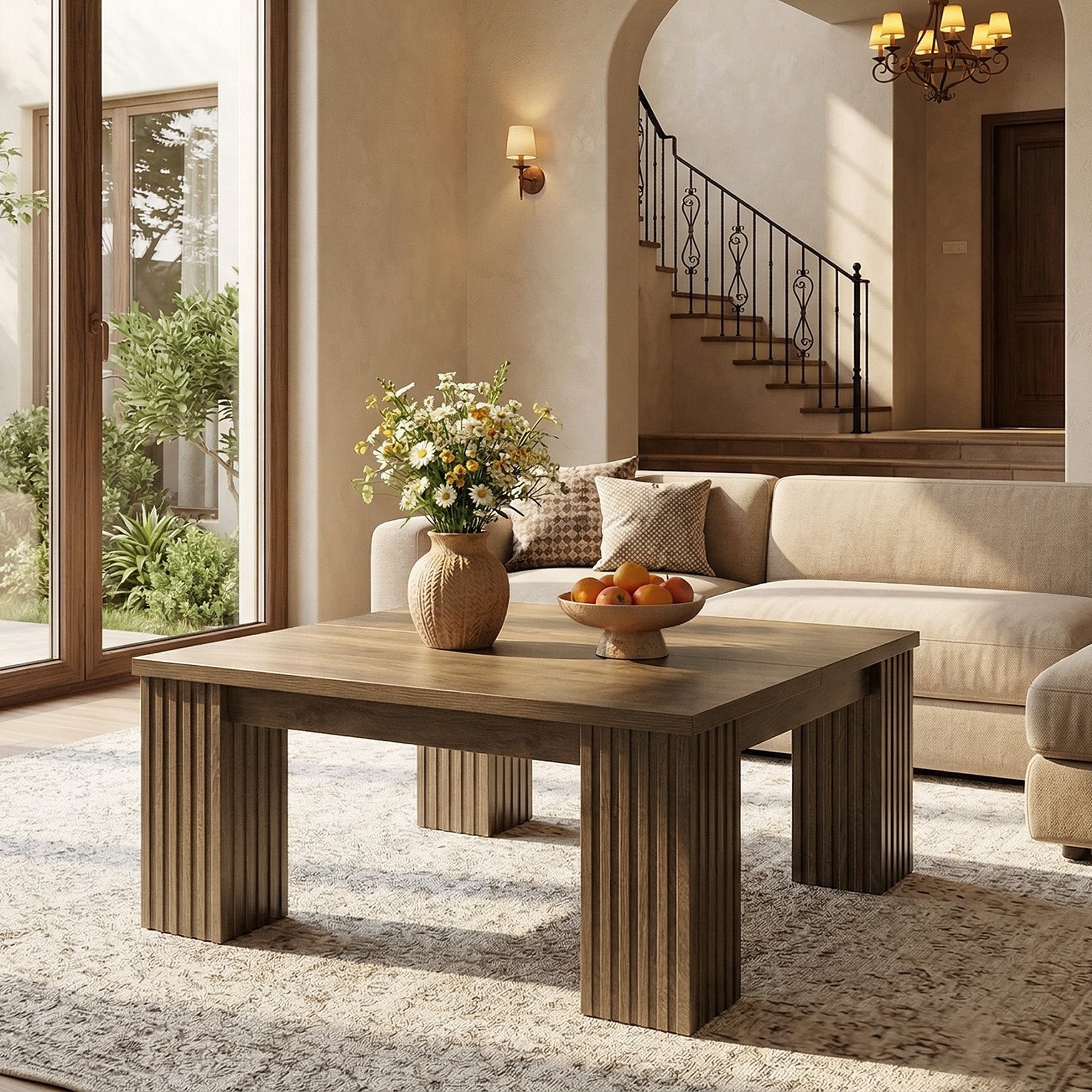 100cm Square Coffee Table, Farmhouse Center Table with Fluted Legs